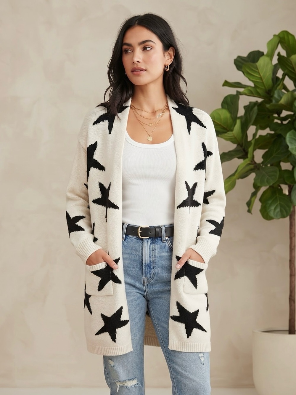 Peach Love California Star Pattern Long Open Front Cardigan Cream Black Size L